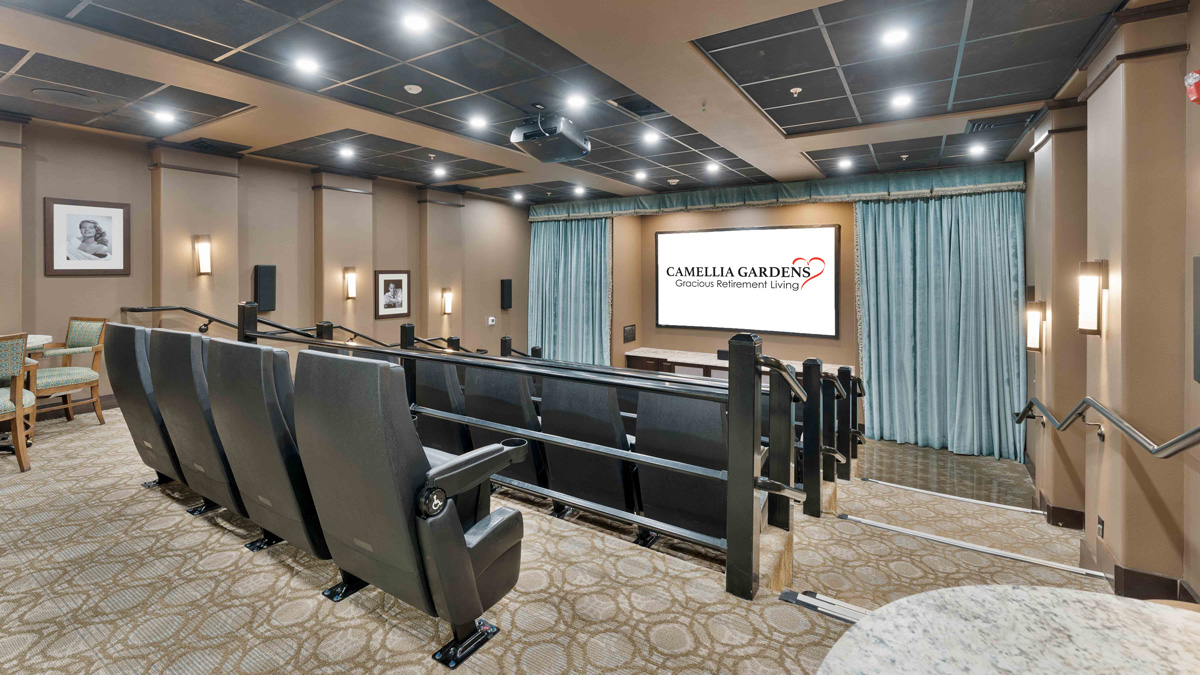 The theater room at Camellia Gardens